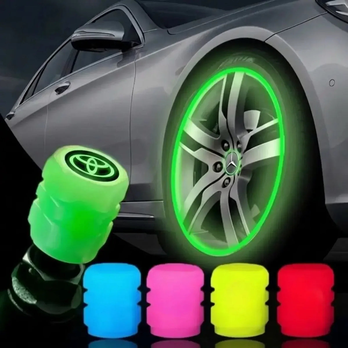 Cappucci Valvola Luminosi con Logo Auto (Set da 4 Pezzi - Compatibilità Universale)